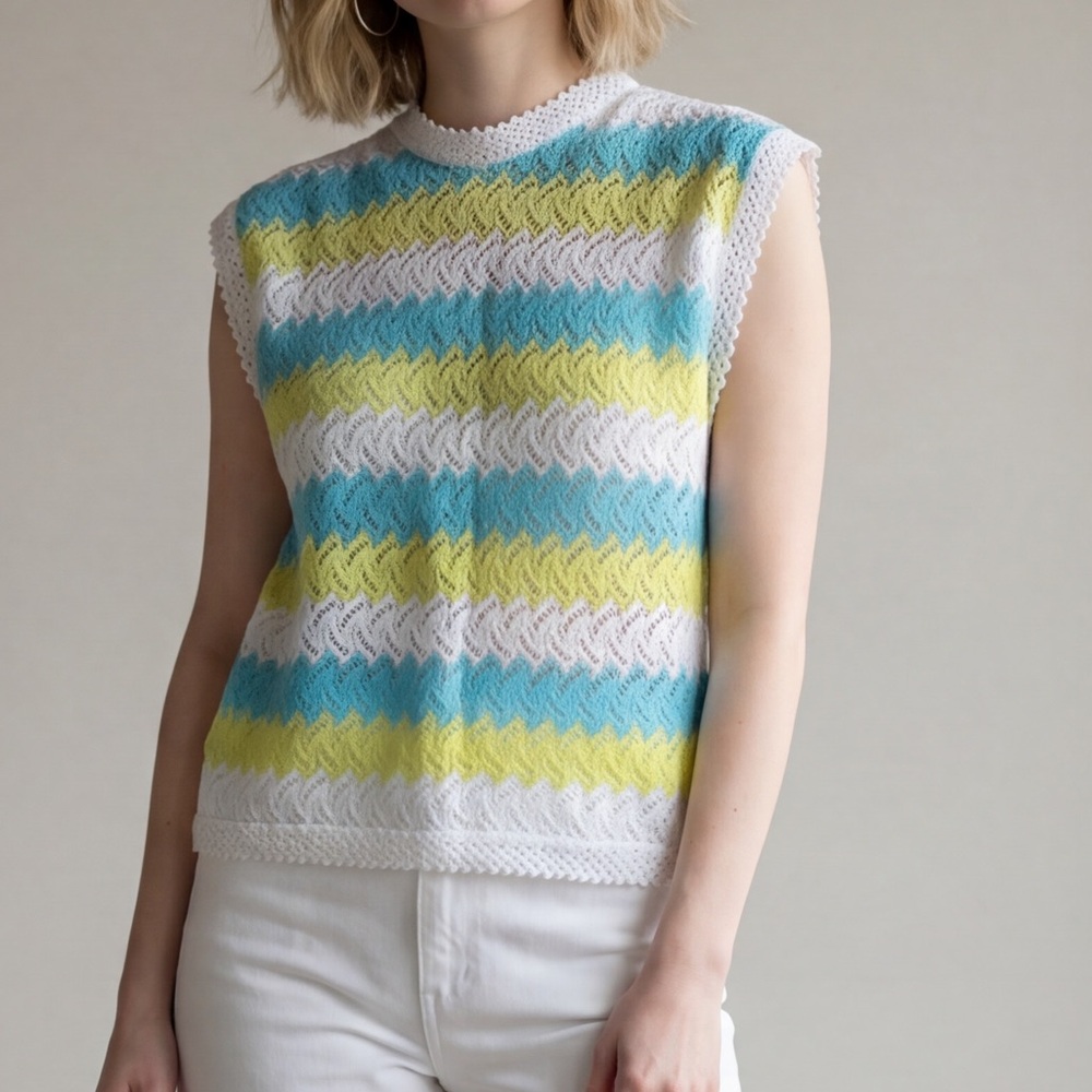 Vintage 70s Crochet Sleeveless Tank Top grandmacore 
yellow teal striped Easter